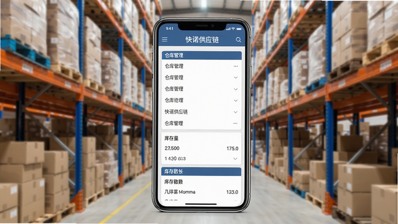 手机界面展示“快诺供应链”仓库管理页面,背景为仓库内部货架,手机屏幕显示仓库列表和库存数量。风格写实,色调明亮,画质干净无多余元素。