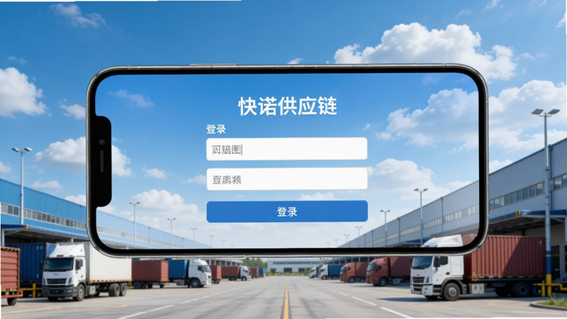手机横屏展示“快诺供应链”登录界面,背景为蓝天白云下的物流园区,屏幕上有输入框和登录按钮。风格写实,色彩明亮,画质干净无多余元素。