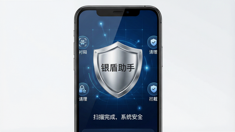 主体:一部智能手机屏幕显示银盾助手的防护界面,中央有一个银色盾牌图标,盾牌上带有“银盾助手”字样,周围有扫描、清理、拦截等功能图标。布局:手机居中,屏幕内容清晰可见,背景为深蓝色科技感渐变,带有微弱的光效和网格线条。排版:界面简洁,图标排列整齐,文字标签清晰。风格:现代科技风,写实渲染。细节:盾牌图标质感金属光泽,屏幕反射光线自然,界面显示“扫描完成,系统安全”字样。画质:8K超清,干净无多余元素。