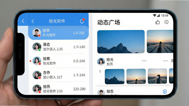 一张展示拾光软件主界面的高清手机截图,主体为手机屏幕内的软件界面,采用左右分栏布局,左侧为聊天列表,右侧为动态广场,风格清新简约,以蓝白为主色调,圆角卡片设计,细节包含未读消息红点、头像、时间戳,画质清晰干净,无多余元素,文字标注