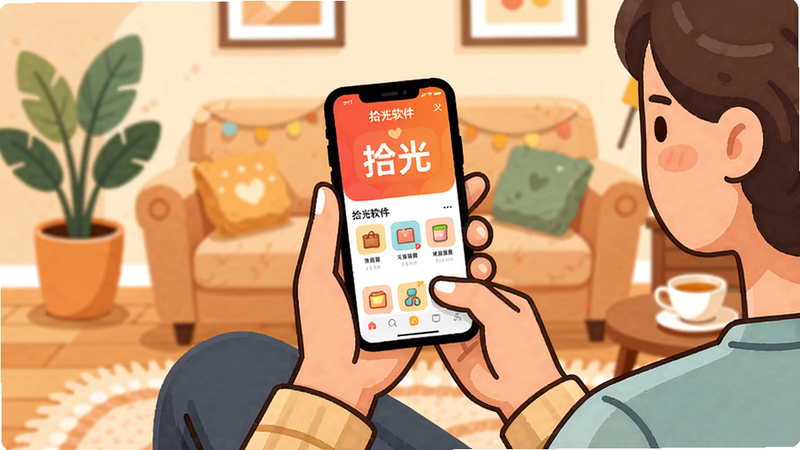 一张拾光软件使用场景的插画,主体为一个人坐在沙发上使用手机,手机屏幕显示拾光软件界面,背景为温馨的客厅,布局为居中,风格扁平卡通,暖色调,细节有沙发、绿植和茶杯,画质干净生动,无多余元素,文字标注