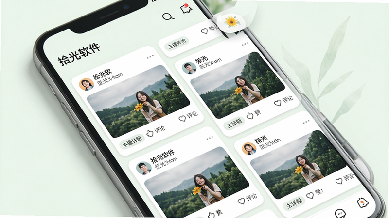 拾光软件兴趣社区页面展示图,主体为手机屏幕,显示社区帖子瀑布流,布局为两列卡片式,风格清新自然,浅色背景,卡片包含图片和点赞评论数,细节有话题标签和用户昵称,画质细腻干净,无多余元素,文字标注