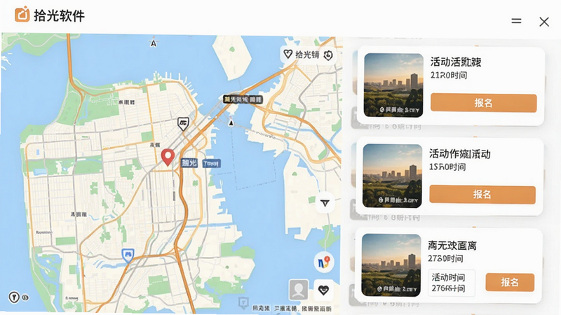拾光软件同城活动页面示意图,主体为地图与活动卡片结合,左侧地图,右侧活动列表,布局清晰,风格实用简约,配色温暖,卡片显示活动封面和距离,细节有报名按钮和活动时间,画质高清干净,无多余元素,文字标注