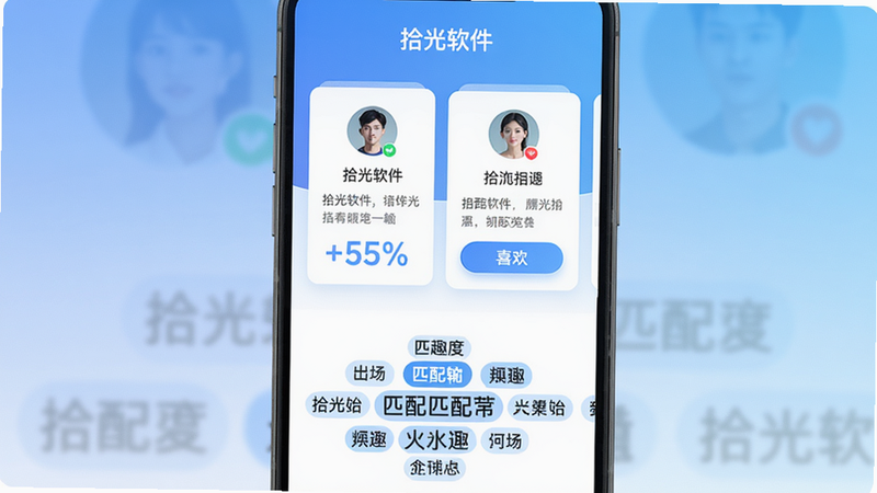展示拾光软件智能匹配功能的界面预览图,主体为手机界面,上方是推荐用户卡片,下方为兴趣标签云,布局居中对称,风格现代扁平,蓝色渐变背景,卡片上有用户头像和简介,细节包括匹配度百分比和