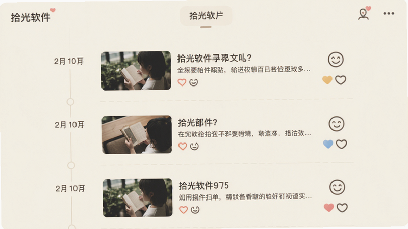 拾光软件故事记录功能界面,主体为时间线形式的动态列表,布局纵向,风格文艺淡雅,米色背景,每条动态包含图片和简短文字,细节有日期分隔线和心情图标,画质柔和干净,无多余元素,文字标注