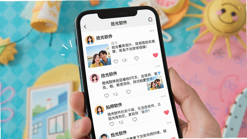 拾光软件社区互动场景图,主体为手机界面显示多条用户动态,布局为信息流,风格明亮活泼,彩色背景,动态包含照片和文字,细节有用户头像和点赞心形图标,画质清晰干净,无多余元素,文字标注