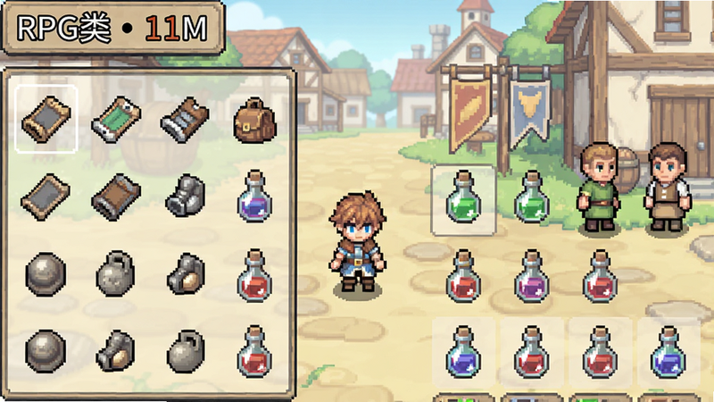 一张显示“RPG类 11M”游戏角色背包的截图,屏幕上整齐排列着各种装备和药水,角色站在城镇中,旁边是NPC,界面风格清晰,像素画风,色彩柔和,画质干净无多余元素
