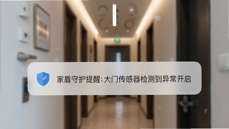 家盾守护智能告警通知界面,手机锁屏上显示一条“家盾守护提醒:大门传感器检测到异常开启”的横幅通知,背景是模糊的室内走廊,通知图标带有盾牌标志,整体风格简洁,画质清晰,干净,无多余元素