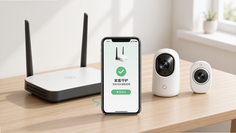 家盾守护使用指南教程插图,展示手机与智能摄像头配对过程,桌面上摆放着路由器和智能门磁,手机屏幕显示配对成功界面,风格简洁明了,光线柔和,画质清晰,干净,无多余元素