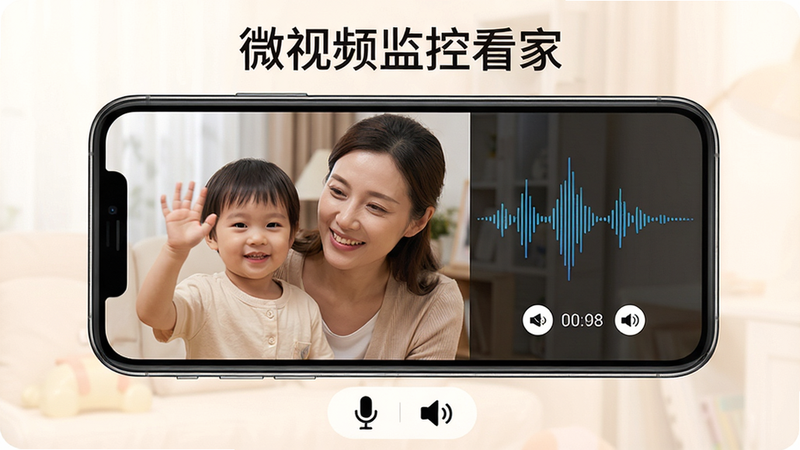 ���壺΢��Ƶ��ؿ���App��˫�������Խ����棬��ʾһλĸ�����ֻ�ǰ����к��ӶԻ��ĳ��������֣��ֻ���Ļ���У�����Ǽ�ػ��棬�Ҳ����������ζ�����ͨ��ʱ�����Ű棺�����Ϸ��С�΢��Ƶ��ؿ��ҡ��������·�����˷��������ͼ�ꣻ�����ܰдʵ���ůɫ�������ּ�ͥ�ذ���ϸ�ڣ���ػ����еĺ�������������ͷ���֣�ĸ�����΢Ц����������ͼ��̬��ʾ�����ʣ�����������ɾ��޶���Ԫ��