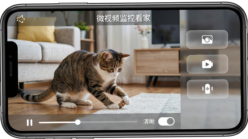 ���壺΢��Ƶ��ؿ���App���ֻ��ϲ��Ÿ����ͥ��ػ��棬�������ǿ���һ�ǣ���һֻ����è������ˣ�����֣��ֻ�������ʾ����������Ǽ����Ƶ���Ҳ��ǹ��ܲ˵�����������ͼ��¼�������Խ���ť���Ű棺�����С�΢��Ƶ��ؿ��ҡ��������ײ��в��Ž��������������л�ѡ����дʵ��񣬻�������������ɫ����Ȼ��ϸ�ڣ�è���ë�������ɼ�����Ƶ��������Ӱ�����水ť�а�͸��ĥɰЧ�������ʣ�����ϸ�壬�ɾ��޶���Ԫ��