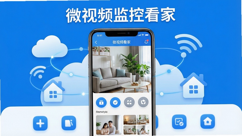 ���壺һ�������ֻ���Ļ��ʾ΢��Ƶ��ؿ���App�����棬��������չʾʵʱ��ػ��桢���ܰ�ť�ͼ�ͥ��������ͼ�����֣��ֻ����У���Χ���Ƽ�Լ���ƶ䡢WiFi�źš���ͥ����ͼ�꣬Ӫ���ƶ����ӺͰ�ȫ�ػ���Χ���Ű棺�����Ϸ��С�΢��Ƶ��ؿ��ҡ��������⣬�·���������Ĺ���ͼ�ꣻ����ִ��Ƽ�������ܰ�Ҿӽ�ϣ�ɫ������������ɫ�Ͱ�ɫΪ��ɫ����ϸ�ڣ���Ļ�ڵļ�ػ�����ʾ������������ɳ������ֲ��������������㣻���ʣ�8K�����壬�ɾ��޶���Ԫ��
