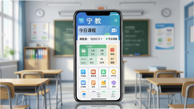 主体:宁教APP主界面展示,手机屏幕显示课程表与作业提醒功能,背景为现代简约的教室场景。布局:手机居中,界面清晰,功能图标排列整齐。排版:界面文字“宁教”与“今日课程”突出。风格:扁平化设计,色彩明快,科技感与教育感融合。细节:屏幕反光自然,图标精致,背景虚化。画质:4K高清,干净,无多余元素。
