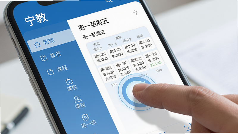 主体:宁教教务管理界面,教师正在手机上操作课程安排。布局:手机屏幕特写,左侧为功能菜单,右侧为课程表详情。排版:界面显示“宁教”字样与“周一至周五”课程列表。风格:商务简约,蓝白主色调。细节:手指点击屏幕,界面响应高亮。画质:高清,干净,无多余元素。