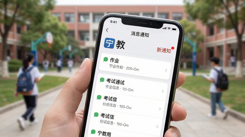 主体:用户正在手机上使用宁教APP,屏幕显示“消息通知”界面。布局:手机特写,背景为模糊的校园。排版:界面显示“宁教”与“新通知”红点。风格:自然生活化。细节:通知列表包含作业与考试信息。画质:高清,干净,无多余元素。