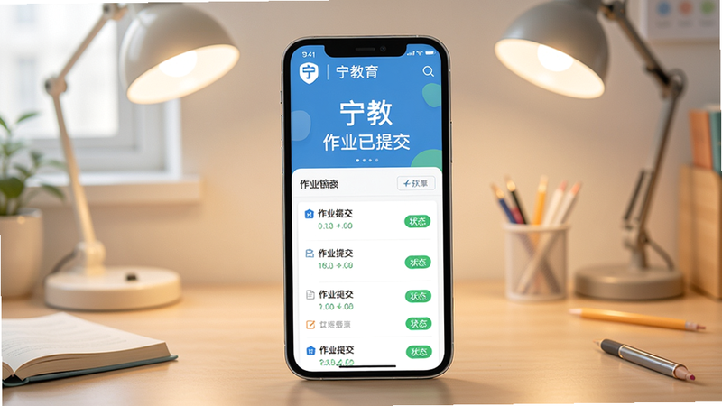 主体:宁教在线作业功能界面,学生手机展示作业提交成功页面。布局:手机居中,背景为书桌与台灯。排版:界面显示“宁教”和“作业已提交”字样。风格:清新学习风,柔和光线。细节:作业列表清晰,状态标签醒目。画质:高清,干净,无多余元素。