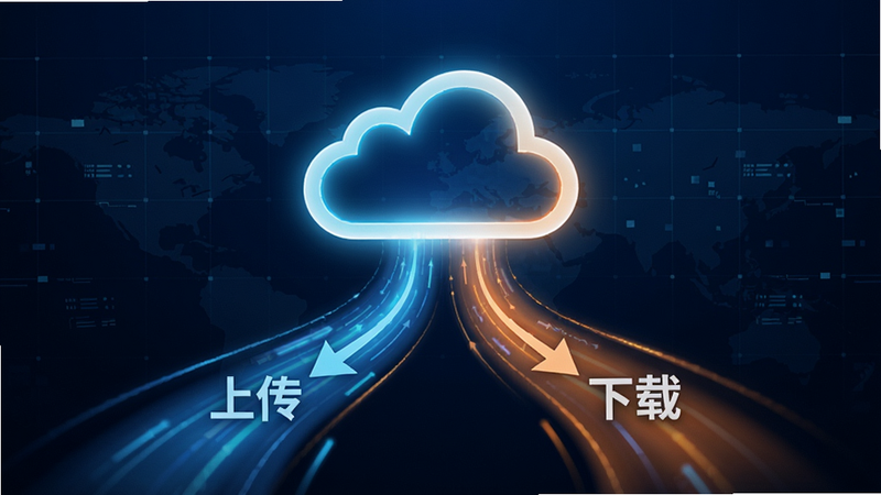 一张高速数据传输的抽象概念图,画面中央有一个发光的云朵图标,云朵下方有两条光速流动的线条,分别标注“上传”和“下载”,背景为深蓝色科技感网格,线条呈现蓝色和橙色渐变,整体风格未来感十足,画质清晰,无多余元素