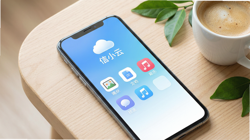 一张现代感十足的智能手机屏幕特写,屏幕中清晰显示“信小云”APP的主界面,界面布局简洁,顶部有云朵图标和“信小云”字样,下方排列着相册、文档、音乐等分类图标,背景为柔和的蓝白渐变,手机斜放在浅色木质桌面上,旁边有一杯咖啡和几片绿叶,整体风格明亮清新,画质干净,无多余元素