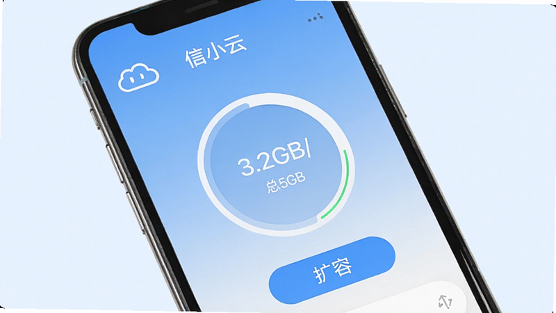 一张展示“信小云”云存储空间的手机截图,手机屏幕中显示存储空间使用情况,一个圆形进度条,显示已用3.2GB/总5GB,下方有“扩容”按钮,背景为淡蓝色,干净整洁,画质清晰,无多余元素