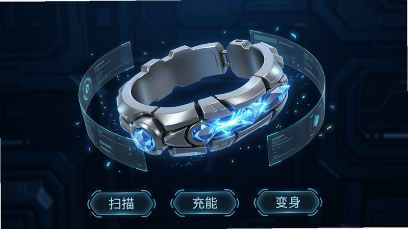 主体为DX银河维克特利手镯的3D模型展示界面,手镯悬浮于深蓝色科技感背景中央,表面金属光泽与蓝色水晶能量条清晰可见,周围环绕半透明全息数据环,界面下方排列着“扫描”“充能”“变身”三个触控按钮,整体采用左右对称布局,科幻风UI设计,细节包含高光反射与粒子特效,画质高清干净,无多余元素