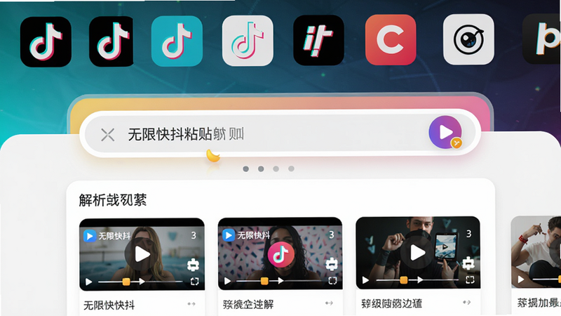展示“无限快抖”应用主界面,顶部有多个平台logo图标排列,中央为链接粘贴输入框,下方显示已解析的视频列表缩略图,整体色彩鲜艳活泼,布局规整清晰,风格为现代卡片式设计,细节丰富但无杂乱元素,画质高清干净