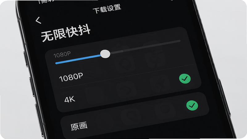 手机屏幕展示“无限快抖”下载设置界面,清晰度选择列表包含“1080P”“4K”“原画”选项,背景为深色模式,界面控件精致,突出高清画质与专业感,风格简约科技,细节包括滑块与勾选状态,画质纯净无多余元素