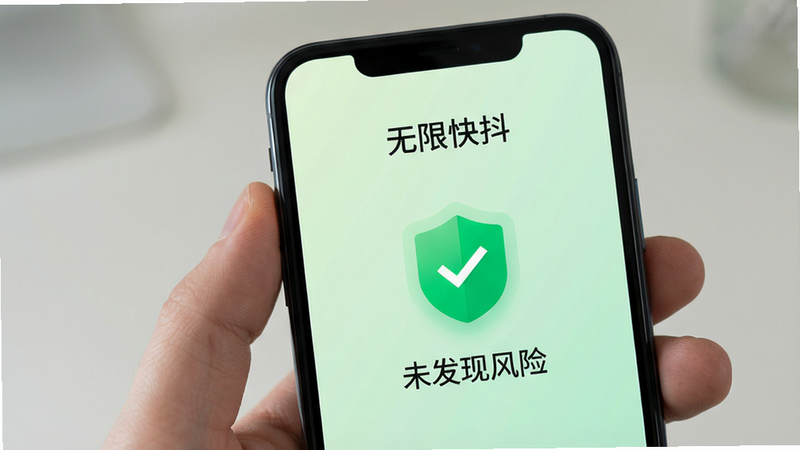 手机屏幕展示“无限快抖”应用安全检测通过页面,显示绿色盾牌图标与“未发现风险”字样,背景为淡绿色渐变,风格简洁清新,突出安全可靠属性,画质干净无多余元素