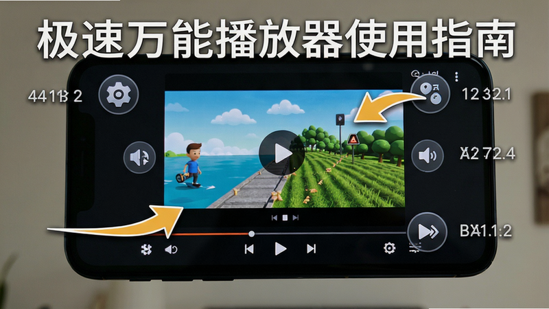 极速万能播放器使用指南封面图,画面为手机播放视频的实拍图,屏幕中显示播放器界面,周围有设置图标和操作提示箭头,风格清晰易懂,画质高清,无多余元素