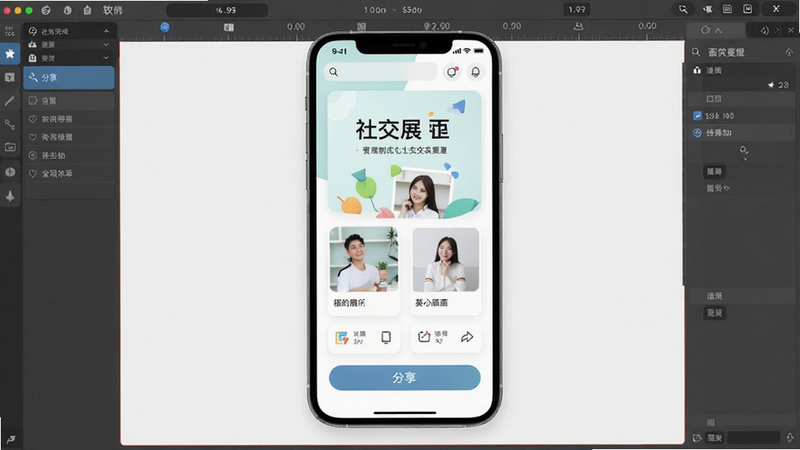 展示面软件运行效果图,主体为手机屏幕展示制作完成的社交展示面,布局美观,风格清新,细节包含分享按钮,画质干净,无多余元素