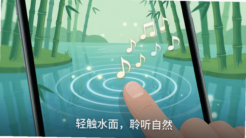 主体:一位用户的手指轻轻点击手机屏幕上的水面,屏幕中泛起一圈圈涟漪,同时有音符符号从指尖处飘出。布局:手机屏幕占据画面主体,屏幕内是水边竹林场景,手指位于屏幕中央偏下位置。排版:画面下方有“轻触水面,聆听自然”的白色小字提示。风格:扁平化UI插画风格,配色清新,带有微光效。细节:音符符号大小不一,错落有致,水波纹扩散自然。画质:高清,画面干净,无多余元素。