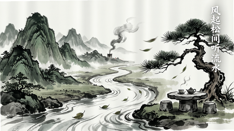 主体:一幅横向展开的动态水墨长卷,画面中左侧是层峦叠嶂的青山,中间有一条蜿蜒的溪流,右侧是一棵老松树,树下有一张石桌和茶盏。布局:长卷式构图,从左至右依次为山、水、树,视觉重心均衡。排版:画面右上角以竖向小楷书写诗句“风起松间听流水”,字体为白色半透明。风格:写意水墨风格,墨色浓淡相宜,笔触洒脱,动态特效表现为溪流缓缓流动、松针轻轻摇摆。细节:溪流中有几片落叶随波逐流,远处山间有一缕炊烟升起。画质:高清渲染,质感细腻,干净无多余元素。