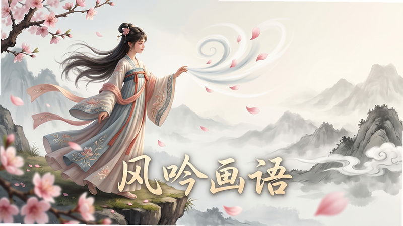 主体:一位身着古风长裙的少女站在开满桃花的山崖边,手中轻抚着一缕若有若无的风,发丝与裙摆随风飘动。布局:少女位于画面中央偏左,右侧留白处隐约可见远山与流云,前景有飘落的花瓣。排版:画面中央下方以淡金色书法体书写“风吟画语”四字,字体优雅流畅。风格:唯美古风插画,色彩柔和淡雅,光影过渡细腻,整体氛围宁静悠远。细节:少女衣角有精致的刺绣纹样,花瓣与风形成螺旋状轨迹,背景山水有水墨晕染质感。画质:8K超高清,细节丰富,干净无多余元素。