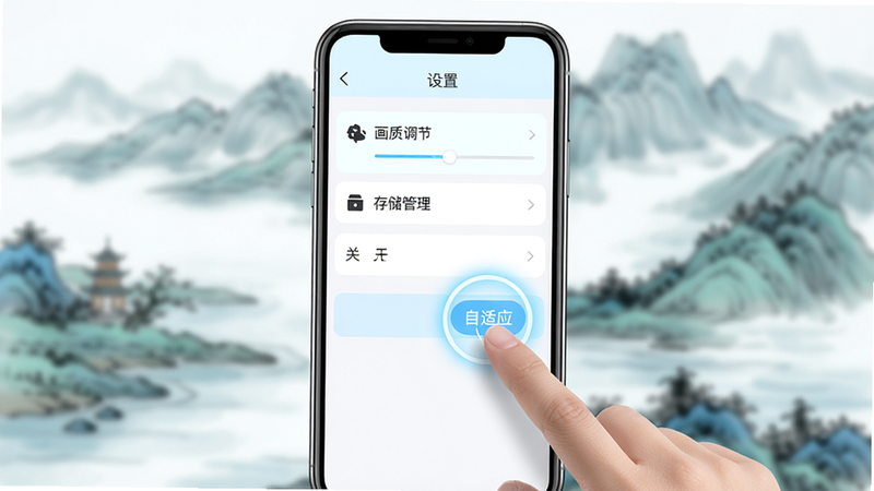 主体:手机屏幕显示风吟画语应用设置界面,界面中有“画质调节”、“存储管理”、“关于”等选项,手指正在点击“自适应”按钮。布局:手机居中,屏幕内容清晰可见,背景为模糊的山水画。排版:屏幕上方有“设置”标题,下方有列表菜单。风格:简洁的UI设计,现代感,带有淡蓝色高亮。细节:设置项有图标,手指点击处有光圈反馈。画质:高清,干净,无多余元素。