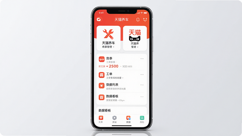 天猫养车商家版APP主界面预览图,展示门店管理、工单列表、数据看板等核心功能模块。画面采用扁平化设计风格,主色调为天猫标志性的橙红色与白色搭配,布局清晰,图标简洁圆润。手机屏幕居中展示,背景为淡灰色渐变,突出APP界面细节,整体质感干净明亮,高清渲染,画质细腻,无多余元素。