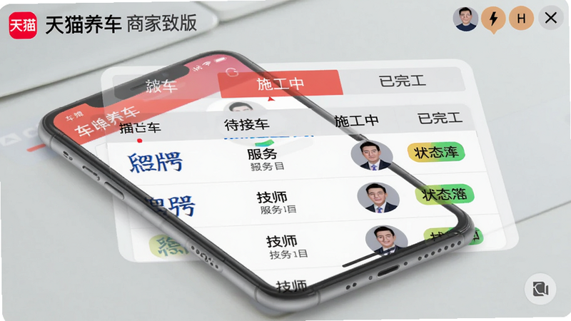 天猫养车商家版工单管理界面截图,界面顶部显示待接车、施工中、已完工三个标签页,下方列表清晰展示车牌照、服务项目、技师头像与状态标签。背景为浅灰色工作台,手机界面投影在桌面,带有轻微阴影。写实风格,UI元素精细,文字清晰可辨,色彩鲜明,画质干净,无多余元素。