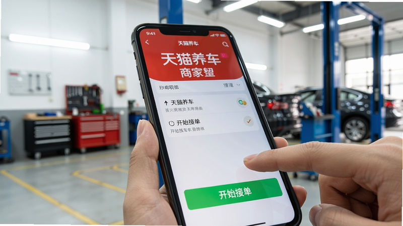 手机操作天猫养车商家APP的实拍图,手指点击屏幕上的“开始接单”按钮,背景为整洁的汽车维修车间,画面光线明亮,对焦清晰。写实摄影风格,突出移动端操作的便捷性,画质干净,无多余元素。