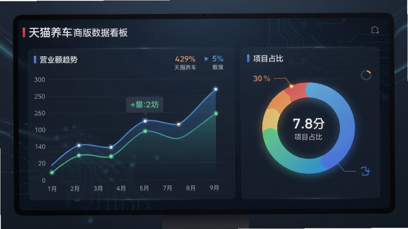 天猫养车商家版数据看板图表展示图,屏幕上显示营业额趋势折线图与项目占比环形图,数据用不同颜色标注。背景为深蓝灰色科技感渐变,图表带有微光效,数字清晰醒目。整体风格商务简洁,突出数据可视化效果,画质清晰,无多余元素。