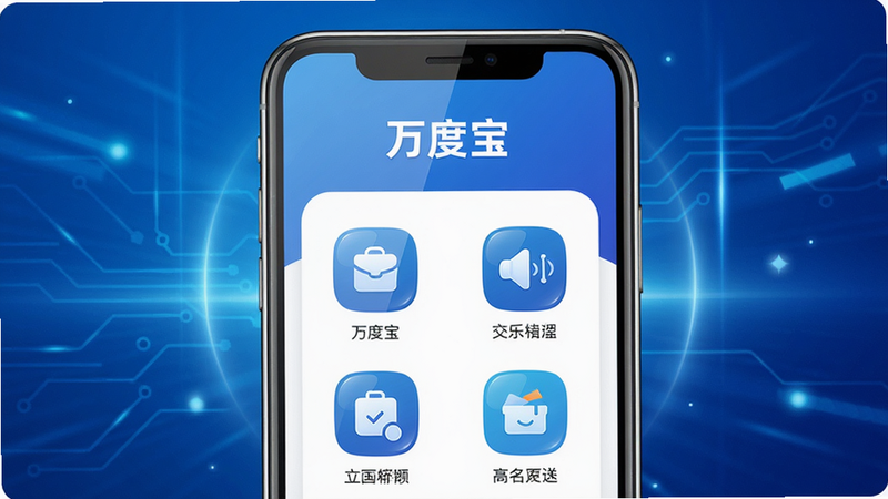 主体:万度宝APP主界面展示,手机屏幕中显示“万度宝”字样和核心功能图标,布局:手机居中,背景为渐蓝色科技感光效,排版:界面清晰,图标整齐排列,风格:现代扁平化设计,细节:图标有光泽质感,屏幕反射自然光,画质:高清渲染,干净,无多余元素