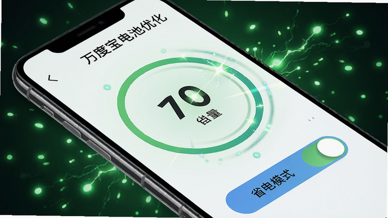 主体:万度宝电池优化界面,手机屏幕显示电池电量环和“省电模式”开关,布局:手机平放,背景有绿色能量光点,排版:电量数字醒目,风格:清新自然,细节:电池图标动态闪烁,画质:高清,干净,无多余元素
