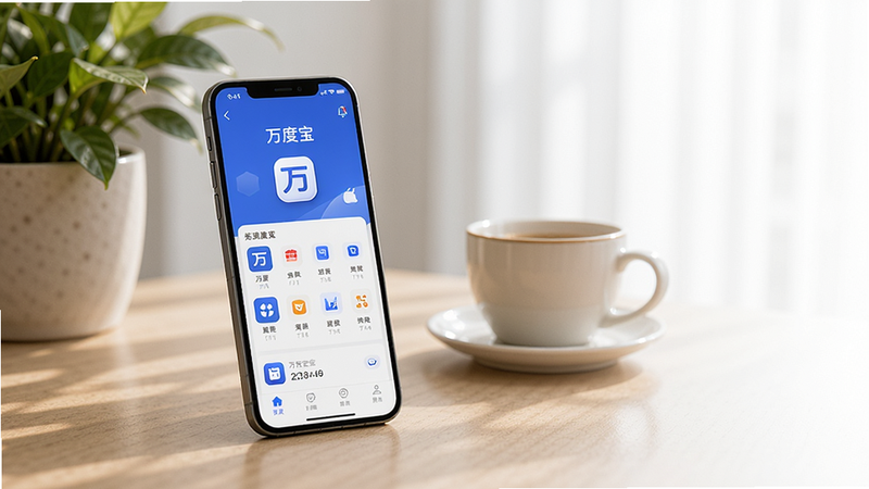 主体:万度宝使用场景图,手机放在桌面,屏幕显示“万度宝”主界面,背景有绿色植物和咖啡杯,布局:手机居中偏左,右侧留白,排版:简洁大方,风格:生活化摄影,细节:屏幕内容清晰可见,光影柔和,画质:高清,干净,无多余元素