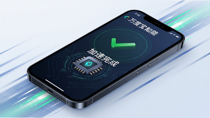 主体:万度宝智能加速引擎界面,手机屏幕显示“加速完成”字样和绿色对勾,布局:手机斜放,背景有动态速度线条,排版:文字居中,图标醒目,风格:科技感插画,细节:数字动态效果,光影自然,画质:高清,干净,无多余元素