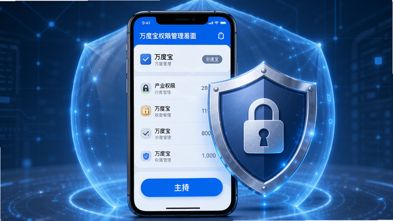 主体:万度宝权限管理界面,手机屏幕显示应用权限列表,布局:手机与盾牌图标组合,背景有蓝色防护罩,排版:列表清晰,按钮醒目,风格:安全防护风格,细节:盾牌上有锁形图案,画质:高清,干净,无多余元素
