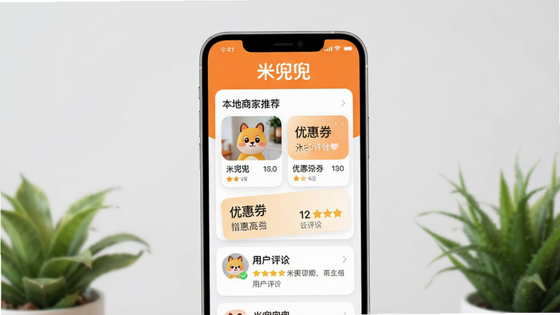 ���壺һ�������ֻ���Ļ��ʾ�׶���Ӧ�ý��棬������������������ɫ��Ϊ��ɫ���ɫ�������С��׶��������������֣��ֻ����У���Ļ���������ɼ���չʾ�����̼��Ƽ����Ż�ȯ��Ƭ���û����۵�ģ�顣�Ű棺���������򣬿�Ƭʽ���֣�ͼ��Բ�󡣷�񣺱�ƽ����ƣ��ִ���ǿ��ɫ�ʻ��á�ϸ�ڣ���Ļ����ʾ���׶�����Ʒ�Ʊ�ʶ������Ϊ����ɫ���䣬��Χ��������ֲ��׺��Ӫ����ܰ��Χ�����ʣ����壬�ɾ����޶���Ԫ�ء�