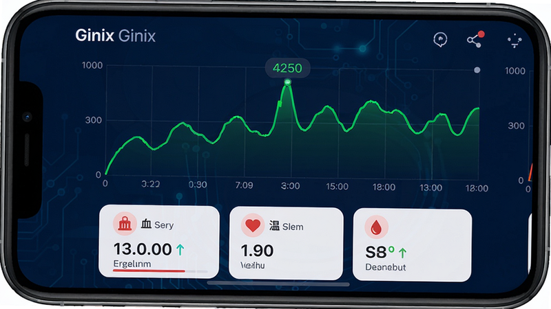 Ginix智能戒指监测界面截图风格,主体为手机屏幕展示Ginix应用的心率监测页面,页面背景为深蓝色科技风格,中间显示实时心率曲线图,曲线为亮绿色,下方有血氧、体温等数据卡片。布局为手机屏幕居中,屏幕内UI元素清晰。排版简洁,数据可视化效果出色。风格为扁平化UI设计,细节包括时间轴、数据标签。画质高清,界面干净无多余元素。