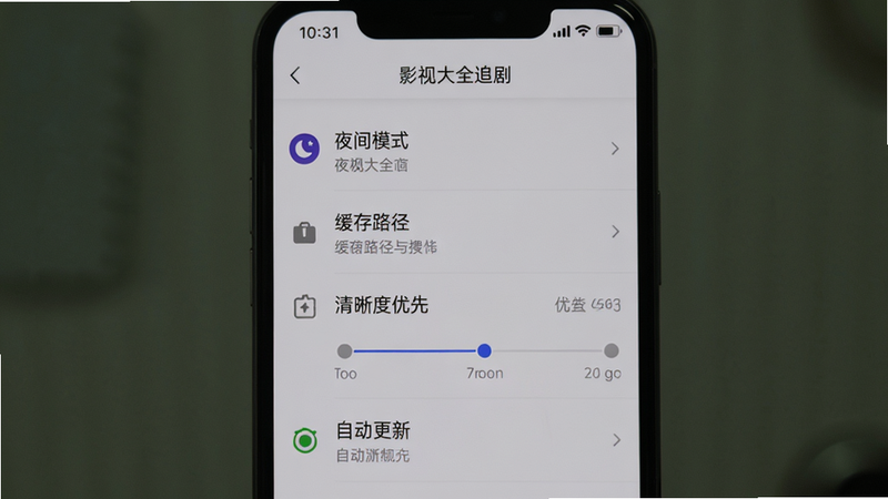 主体为一张智能手机竖屏截图,显示影视大全追剧的设置界面,包括“夜间模式”、“缓存路径”、“清晰度优先”、“自动更新”等选项列表,界面风格简洁,背景为浅灰色,文字清晰可见,画质高清,干净无多余元素。