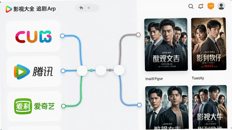 主体为影视大全追剧App的资源聚合界面,左侧显示多个视频平台Logo(如优酷、腾讯、爱奇艺),右侧对应显示各自的热门剧集海报,中间用连接线表示聚合关系。布局清晰,风格扁平化,色彩鲜艳,细节包括海报上的剧名文字,画质高清,干净无多余元素。