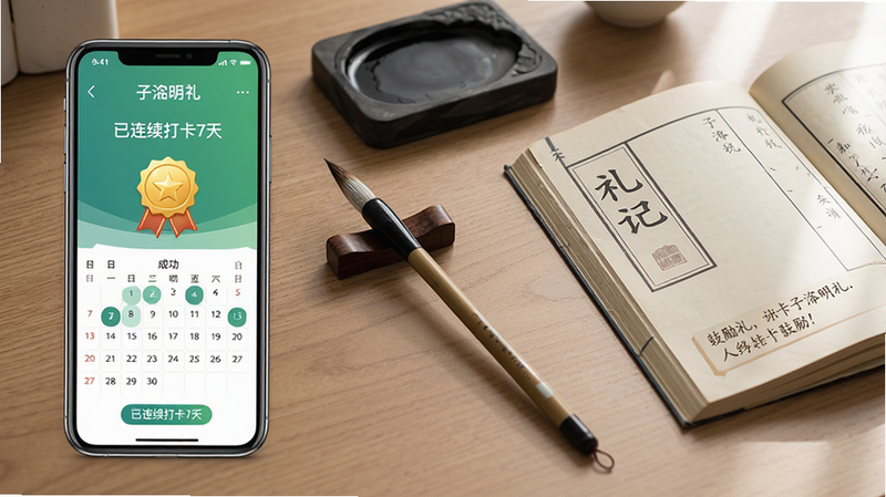 一幅展示“子明礼”每日打卡功能的场景图,画面中一部手机屏幕显示打卡成功界面,带有“已连续打卡7天”字样和金色勋章图标。背景为书桌,摆放着毛笔、砚台和一本打开的《礼记》,整体布局为侧视图,风格写实,细节包括日历打卡标记和鼓励语。画质高清,光线自然,画面干净,无多余元素。