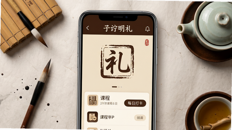 画面中央展示一款名为“子明礼”的安卓应用界面,界面风格古朴典雅,以米黄色和深棕色为主色调,应用图标为印章样式,屏幕中显示“礼”字书法。布局采用居中构图,主体为手机模型,背景为宣纸纹理,搭配毛笔、竹简、茶具等国学元素。排版干净有序,细节包括界面中的课程列表、每日打卡按钮。画质高清,光线柔和,整体氛围宁静致远,干净无多余杂物。