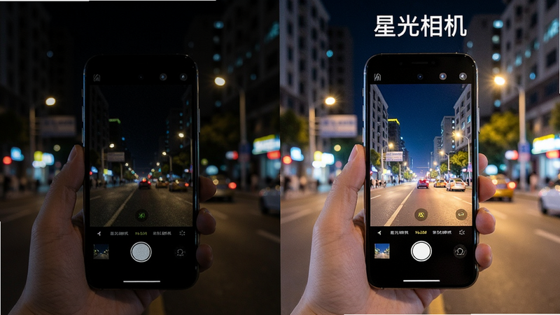 主体:手机拍摄夜景的对比图,左边是普通模式画面暗淡有噪点,右边是星光相机夜景模式画面明亮清晰。布局:左右对比,手机模型展示,背景为夜晚城市街道。排版:对比明显,右边标注“星光相机”。风格:写实对比风格。细节:夜景灯光细节丰富,文字“星光相机”清晰。画质:高清,干净,无多余元素。