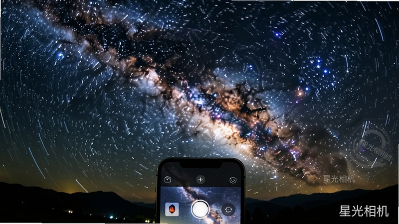 主体:星空延时摄影画面,银河拱桥横跨天际,星星轨迹拉成圆弧。布局:画面中央为银河,下方有山峦剪影和手机拍摄界面。排版:银河作为主体,界面简洁。风格:梦幻星空风。细节:星星轨迹清晰,界面显示“星光相机”水印。画质:高清,干净,无多余元素。